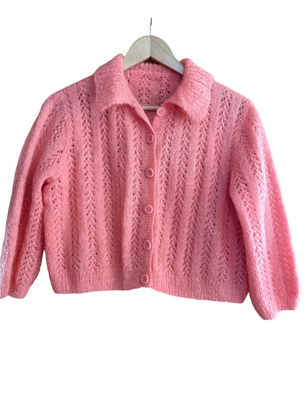 Vintage-inspired handmade pink knitted cardigan openwork pattern Size Small